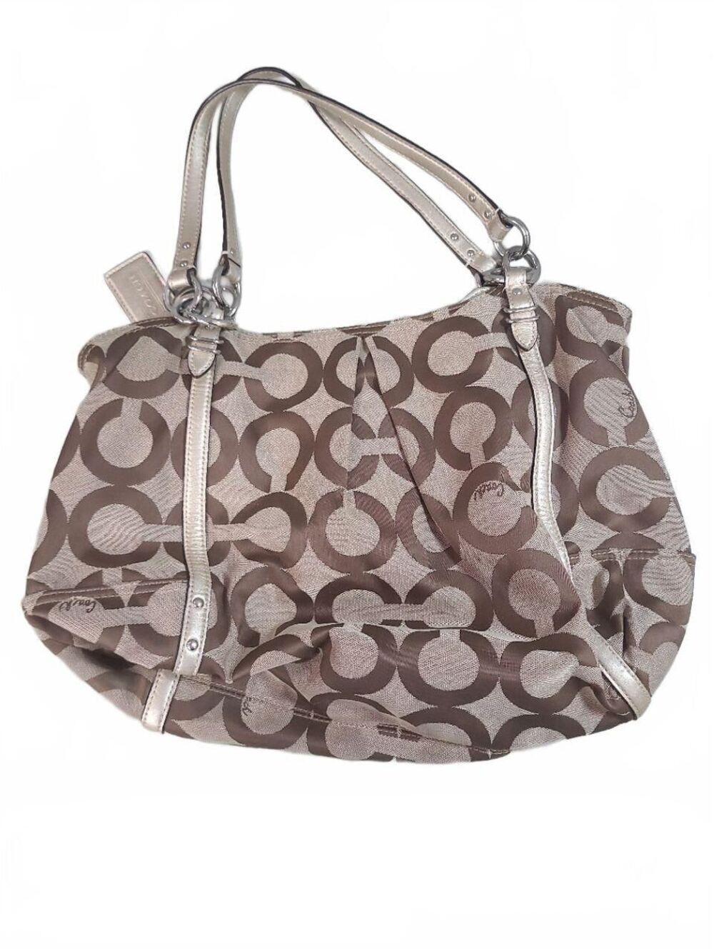 Coach Signature Jacquard Canvas Shoulder Bag Beige Brown Leather Hobo Purse - Picture 2 of 12